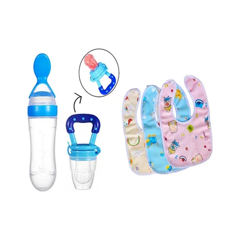 NeonateCare New Born Feeding Starter Kit with Spoon Feeder Fruit Feeder and 3 Cotton Bibs – ( Blue spoon feeder, Blue fruit feeder, 3 multicolor Bibs) – Blue
