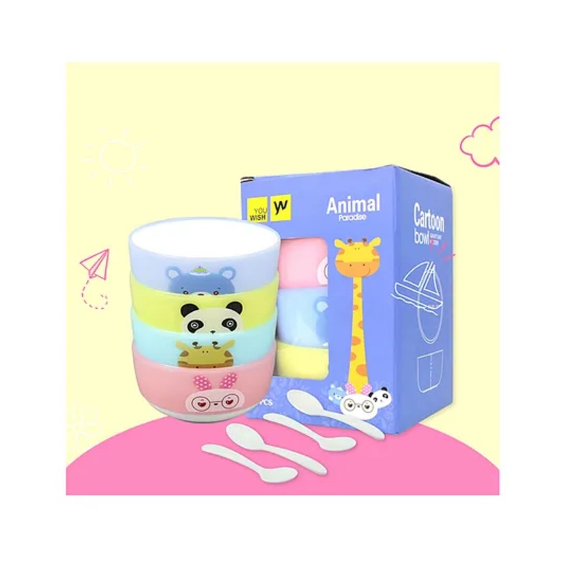 Paper Moon Animal Paradise Cartoon Print Feeding Bowl Set of 4 with Spoon – Multicolor