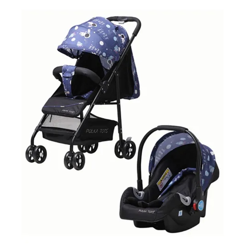 Polka Tots Click Clack Multipurpose Travel System Space Printed 1 Click Fold Stroller And Car Seat  Blue
