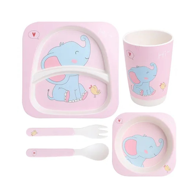 Polka Tots Eco-Friendly 5-Piece Bamboo Fiber Feeding Set For Babies, Toddlers, & Kids Includes Plate, Bowl, Glass, Spoon, Fork  Bird Elephant Design | Kids Tableware & Crockery Set