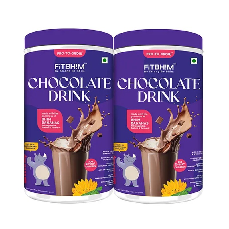 Pro To Grow Fitbhim Nutritional Chocolate Drink Powder 200g | Enriched with Bhim Banana | Belgian Chocolate Flavor for Kids (2+ years) | Ideal for Brain Growth & Immunity Support (Pack of 2)