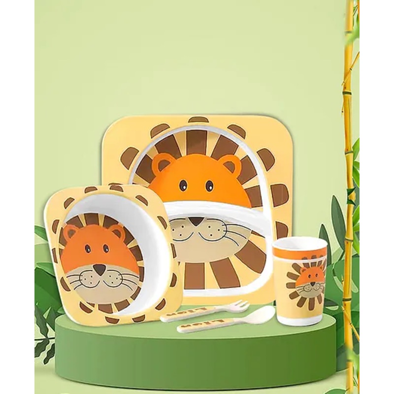 Tony Stark Bamboo Baby Feeding Set – 5-Piece Tableware for Toddlers, Kids & Babies Includes Plate, Bowl, Cup, Spoon, Fork – BPA-Free, Eco-Friendly |Organic & Natural (Round Lion)