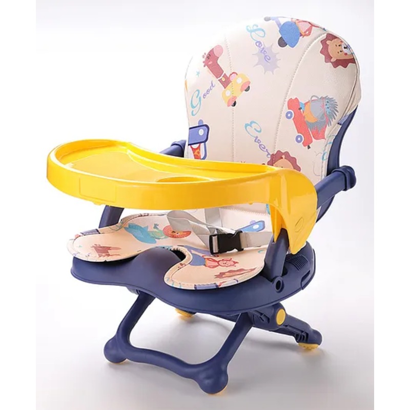 2 in 1 Portable Toddler Animal Print Booster Chair with Removable Tray & Seat Pad – Blue| Foldable Legs| Safety Harness