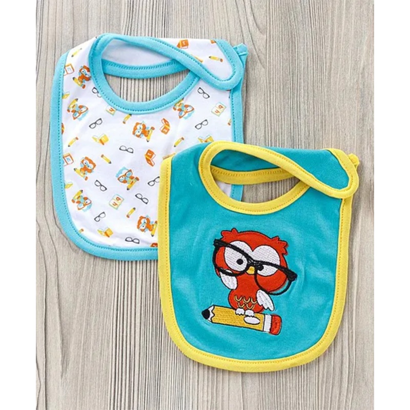 Babyhug Cotton Bib With Velcro Owl Print Pack of 2 – Blue