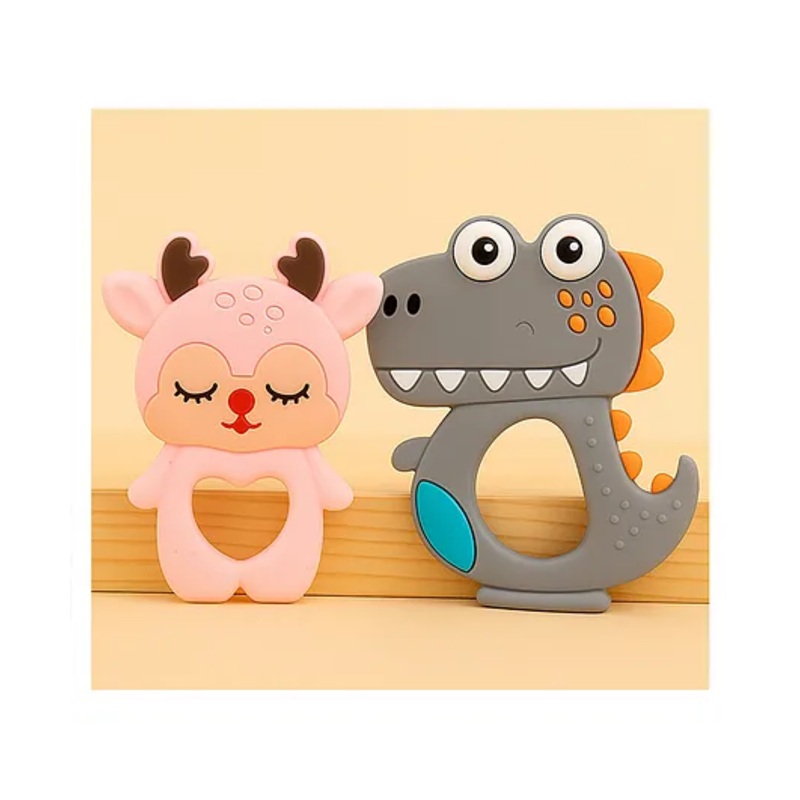 Badal Kidz Dinosaur Shape & Reindeer Shape Silicone Teether , BPA Free & Safe for Babies (Pack of 2)- Grey & Pink