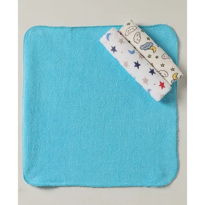 Ben Benny Terry Cotton Knit Super Absorbent Hand & Face Towels with Star Moon Cloud Print & Solid Pack of 3 L 26 x B 26 cm – Blue & White