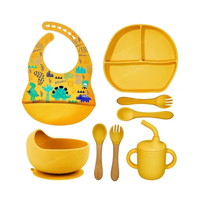 FunBlast Silicone Baby Tableware Feeding Set  8 Pcs Yellow