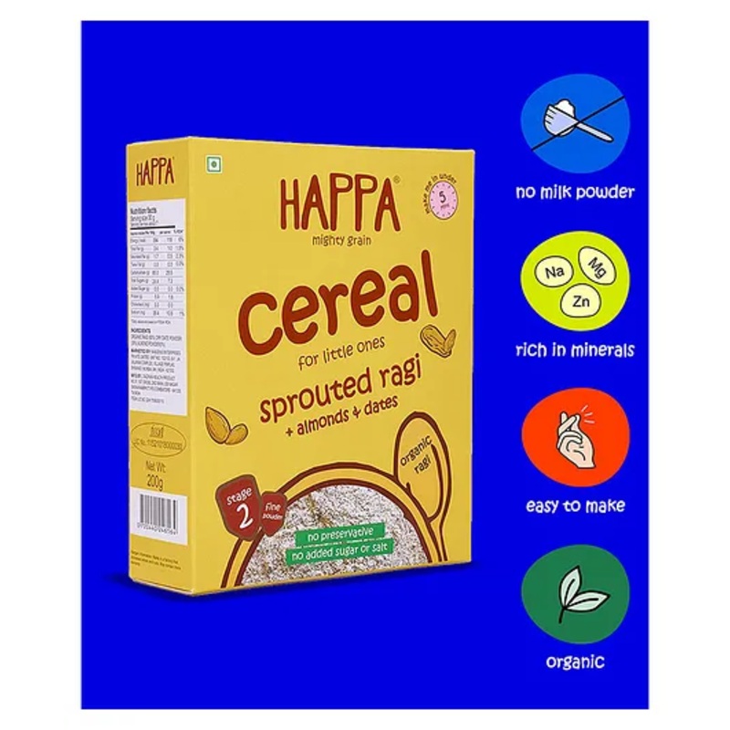 Happa Organic Sprouted Ragi Almond & Dates Cereal for Babies | Only 3 Ingredients | No Sugar, No Additives | Cooks in 3 Minutes | 6 M+ | 200g