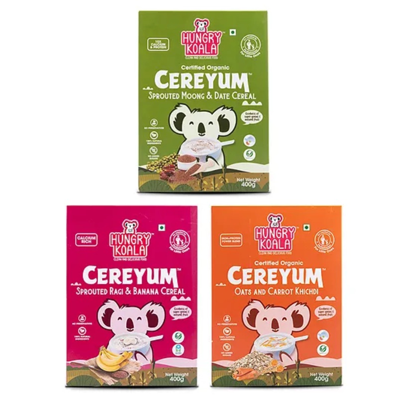 Hungry Koala Cereal Made with Natural Ingridients Oats Carrot Ragi Banana Sprouted Moong & Dates for Kids to Grow Healthy No Preservative or Additives or Maida, No Added Sugars 400 g Each Pack of 3