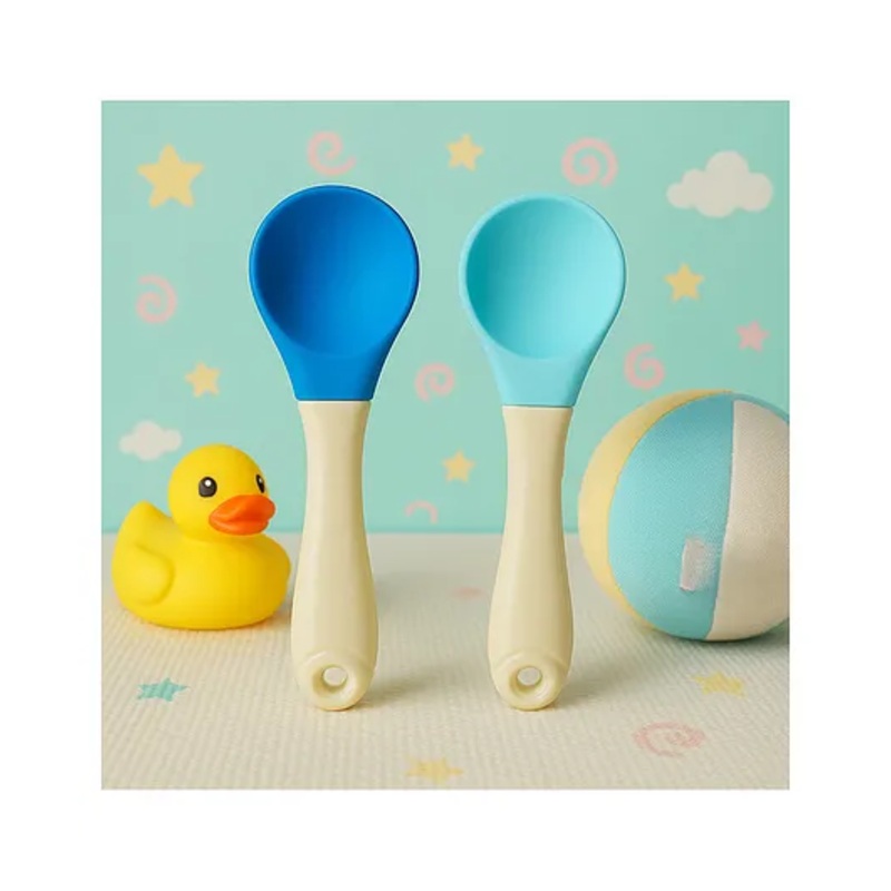 KIDS BASIC Silicone Spoon With Plastic Handle, BPA Free Spoon For Baby, Infants – Blue & Green (Pack of 2)