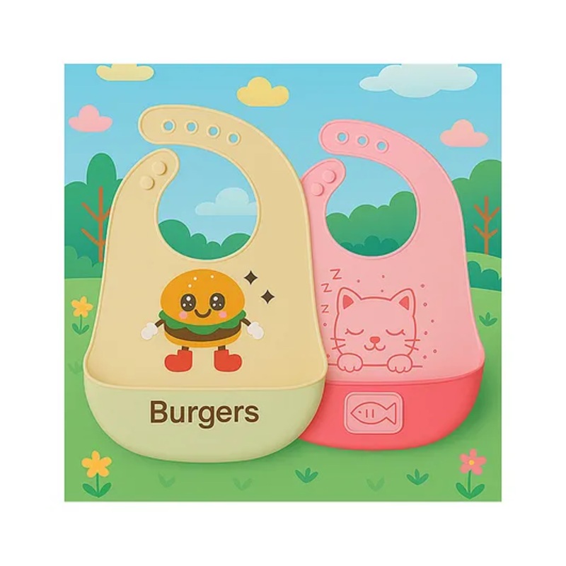 KIDS BASIC Soft Silicone Baby Bib with Food Pocket , Waterproof & Adjustable – Beige Mint & Dark Pink (Pack of 2)