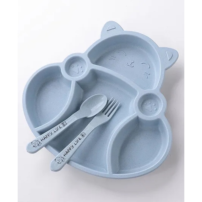 Kitty Shaped Section Plate With Spoon & Fork- Blue