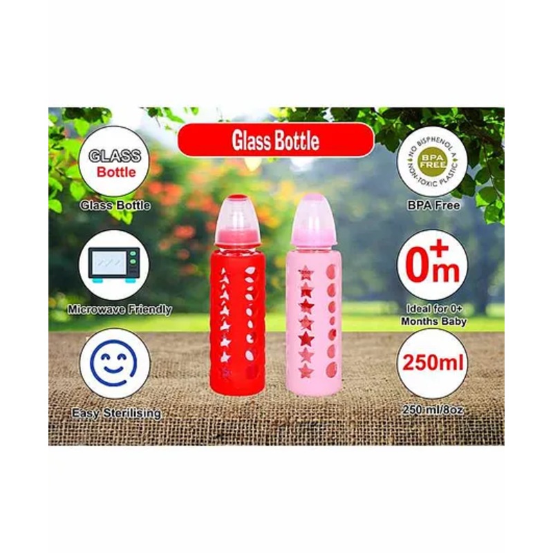 Mastela Borosilicate Glass Feeding Bottle with Silicone Cover Set of 2 Red Pink  – 250 ml Each