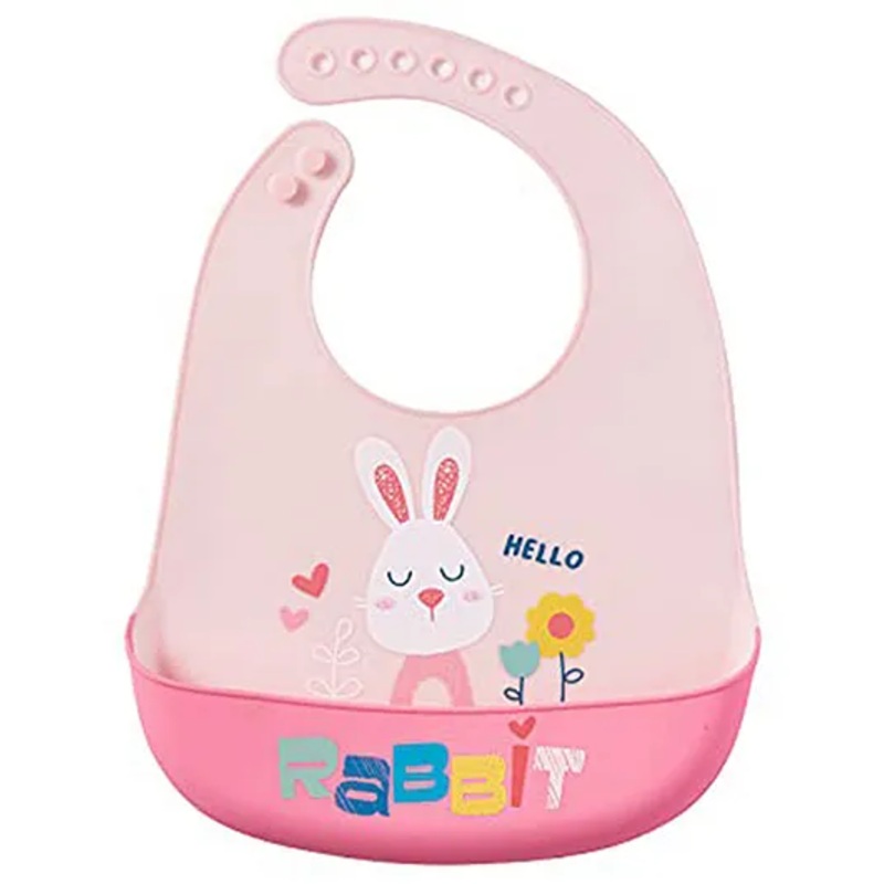 MOMISY Baby Bib For Newborn Waterproof Silicone Apron Wipeable Stain Resistant With pocket For 6 months and up (1, PinkRabbit)