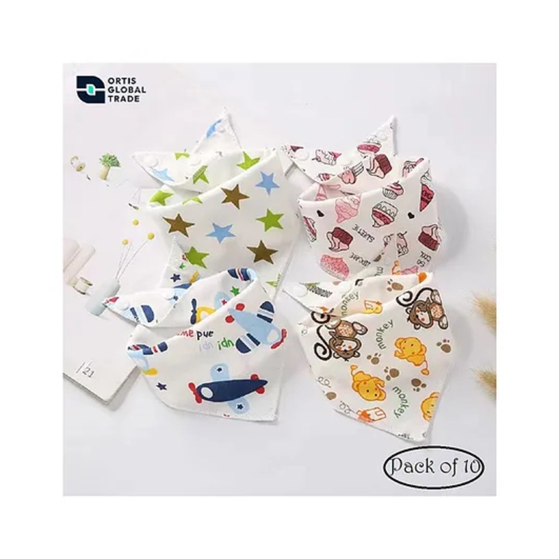 Ortis Cotton Baby Bib, Triangular Scarf with 2 Adjustable Press Studs – Pack of 10 (Color & Design May Vary)