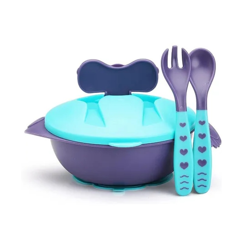 SKB Baby Feeding Bowl with Lid, Suction Cup, Spoon & Fork Set for Feeding & Weaning – Color & Design May Vary