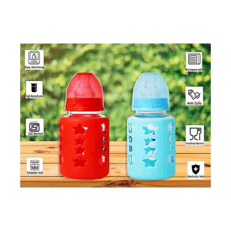 The Little Lookers High Borosilicate Glass Feeding Bottle with Soft Flow Control & Anti Colic Nipple (pack of 2)