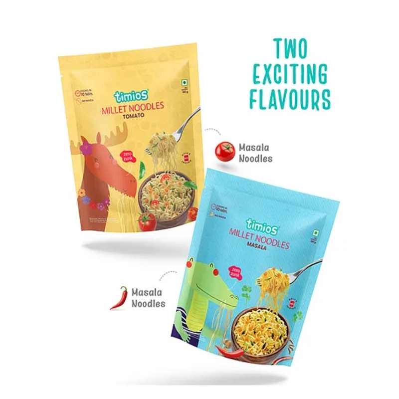 Timios No-Maida Millet Instant Noodles | Tomato Flavored & Masala Flavored | Not Fried | No MSG | No Preservatives | No Artificial Colors & Flavors | No Trans Fat & Cholesterol | Pack of 2 | 190 g Each