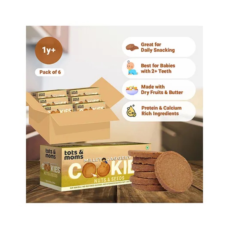 Tots & Moms NO Maida NO Sugar – Nuts & Seeds Cookies | Millet & Jaggery Biscuits for Little Ones | Made with Multi Millets, Nuts, Seeds, Butter & Jaggery | No Raising Agents, No preservatives | Pack of 6 – 150g each
