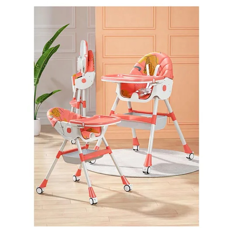 3 In 1 Folding Baby High Chair With Adjustable Feeding Tray Along With Pu Cushion & Wheels – Baby Pink| Storage Basket| Reclining Seat