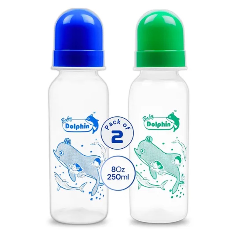 Baby Dolphin Plastic Feeding Bottle ,BPA Free, Anti-Colic – 250ml, Blue & Green (Pack of 2)