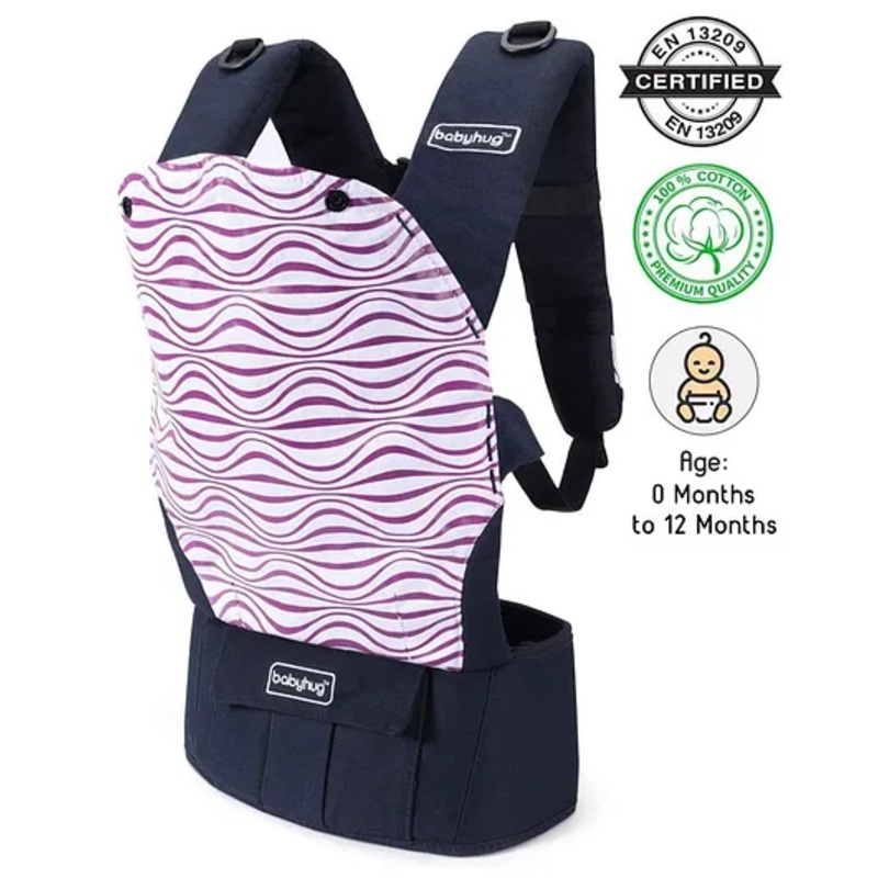 Babyhug On The Go 2 In 1 Baby Carrier With Removable Cotton Head Cover  Navy Blue Pink (Hood Print May Vary)