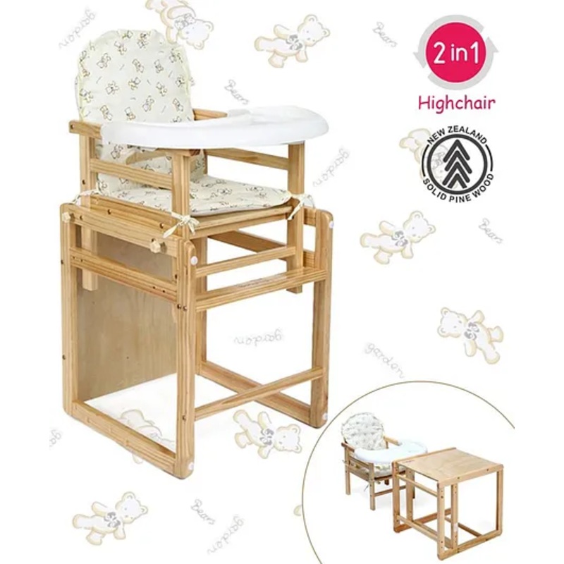 Babyhug Verona 2 In 1 Wooden High Chair With Removable Cushioned Seat & 2 Point Safety Harness – Natural Finish