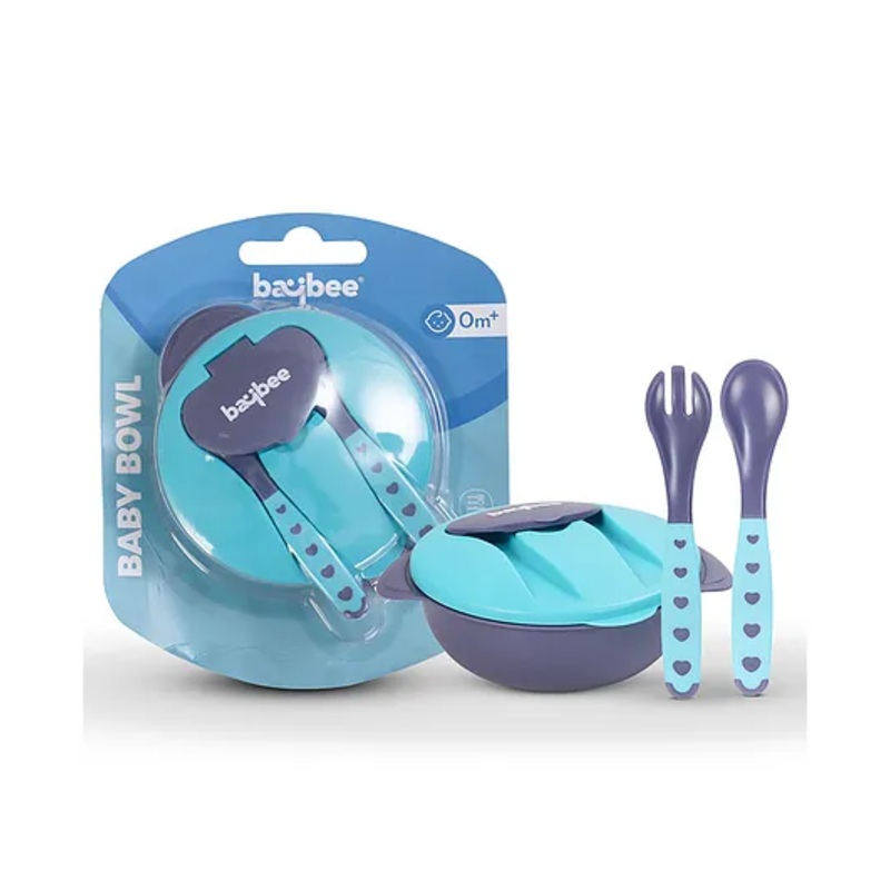 Baybee Baby Feeding Bowl with Lid Suction Cup Spoon & Fork Set – Blue