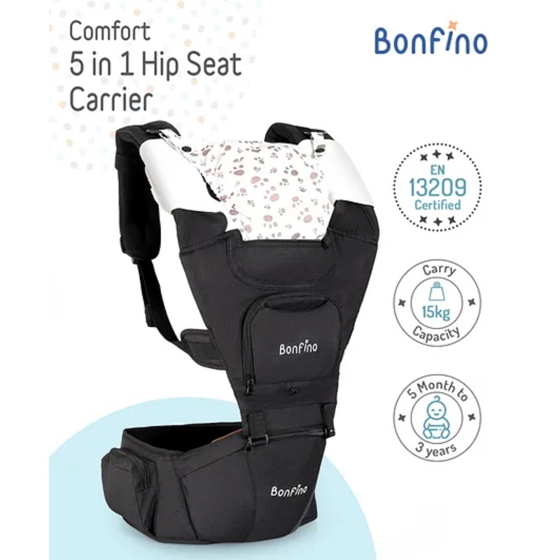 Bonfino Comfort 5-in-1 Baby Carrier with Hip Seat: Versatile carrying positions, Breathable mesh, Adjustable fit, Storage pockets, Padded straps, Safety harness, H-shaped shoulder straps, Supports up to 15 kg- Black