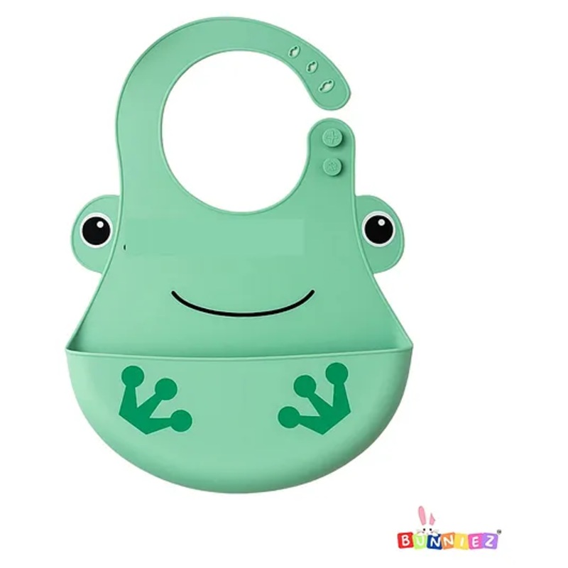 Bunniez Waterproof Silicone Bibs with Adjustable Snap Buttons for Infants & Toddlers, Fancy Design for 3+ months (Green)