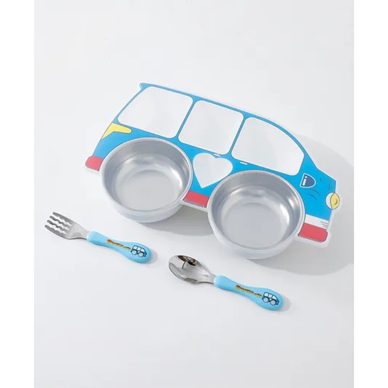 Car Shaped  Section Plate with Fork & Spoon – Blue