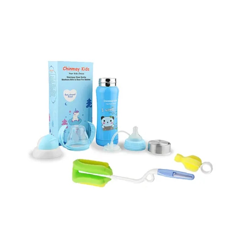 Chinmay Kids Combo of Baby Feeding Multifunctional Stainless Steel Milk Thermosteel Feeder Bottle with Multipurpose Baby Milk Bottle Brush Cleaner Blue Bottle Green Brush – 240ml