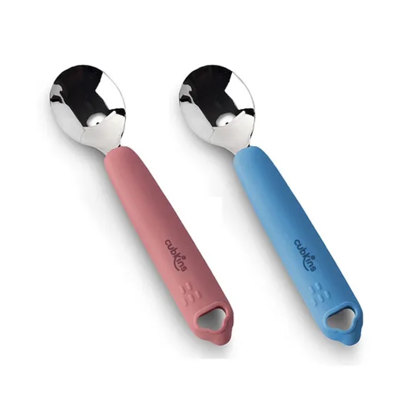 CUBKINS Set of 2 Spoons for Babies, Infants & Toddlers with Stainless Steel Head & Silicone Handles | No Sharp Edges | BPA Free, Food Grade, FDA Approved | Washable & Reusable (Raspberry, Blue Olive)