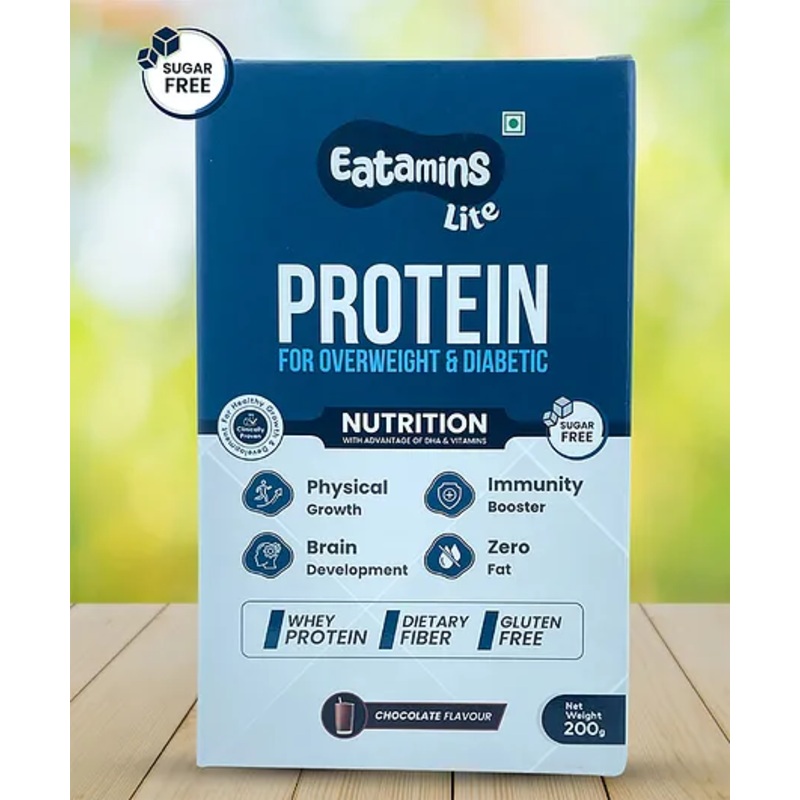 Eatamins Lite Protein Powder | Health Supplement for Overweight & Diabetic Kids & Adults | DHA & Essential Amino Acids | Gluten-Free with Zero Sugar, Zero Fat (Chocolate flavor) – 200gm