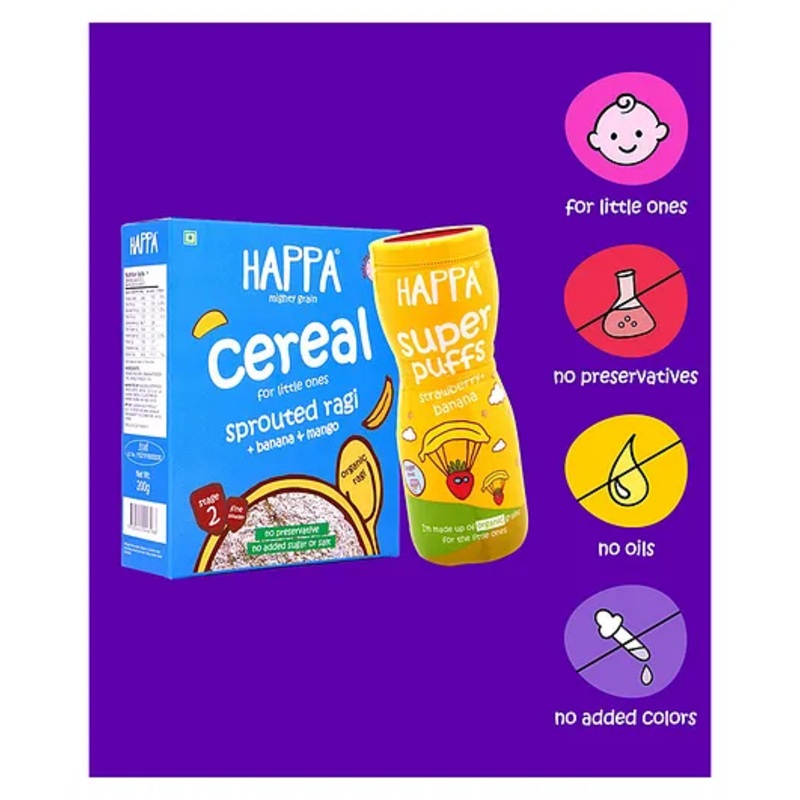 Happa Organic Strawberry Banana Puffs & Sprouted Mango Banana Ragi Porridge 240g