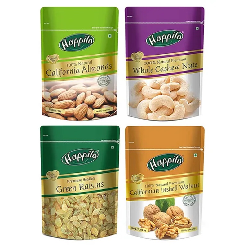 Happilo Premium Californian Almonds 200g Whole Cashews 200g Raisins 250g & Californian Walnuts Inshell 200g Combo Pack