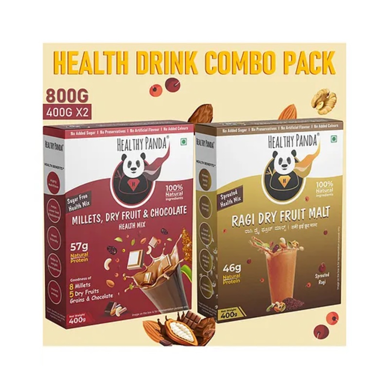 HEALTHY PANDA Sugar free Nutri Drink Combo for Kids CHOCO MILLET+CLASSIC RAGI MALT -(2-Pack, 400 g Each)