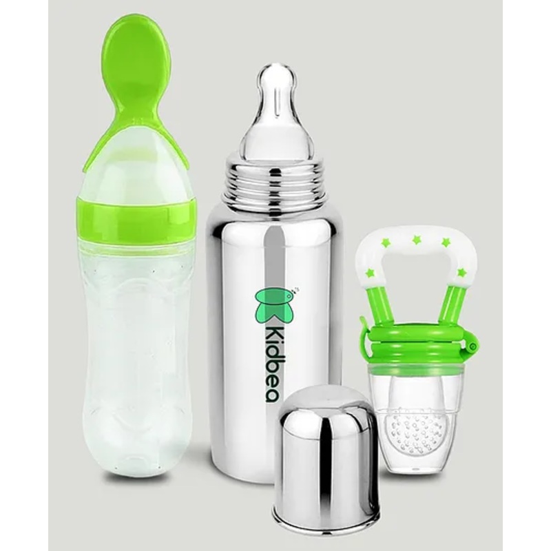 Kidbea Stainless Steel Infant Baby Feeding Bottle, Silicone Food and Fruit feeder BPA Free, Anti-Colic, Plastic-Free, 304 Grade Medium-Flow Combo of 3
