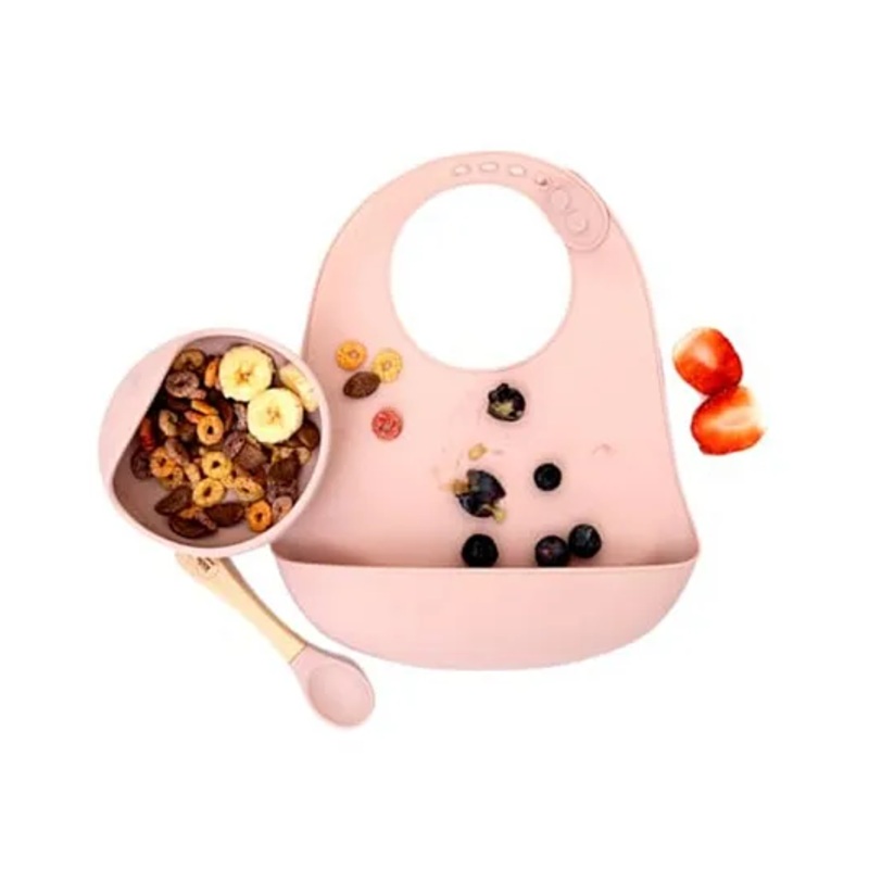 Kids Station 3 Piece BPA-Free Silicone Baby Feeding Set – Baby Bib – Spoon and Bowl – Make Mealtime Fun – Microwave Safe – Unbreakable Eco-Friendly – Organic & Natural – Pink