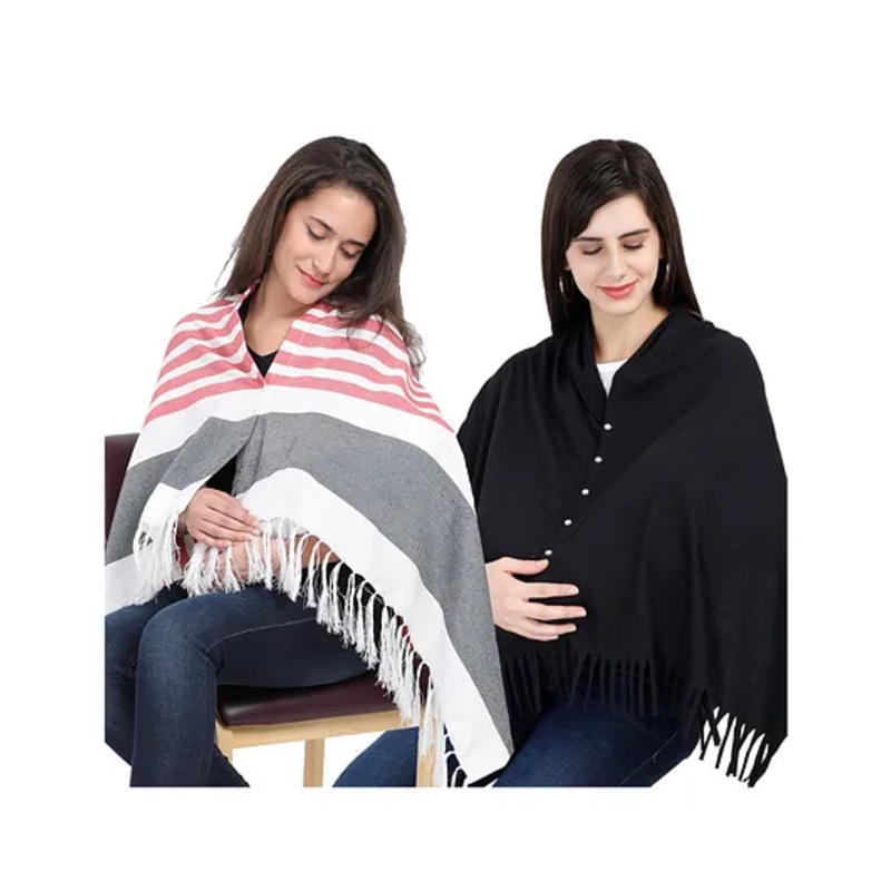 Lulamom Multi-Purpose Breast Feeding Nursing Shawl – Pack of 2 (Red stripes & Black solid)