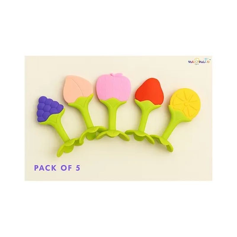 NeonateCare Baby Teething Toys Pack of 5 – Silicone BPA Free Natural Organic Freezer Safe Teethers for Newborn Infant –  Soft & Textured – Babies Shower Gift (Pack of 5)
