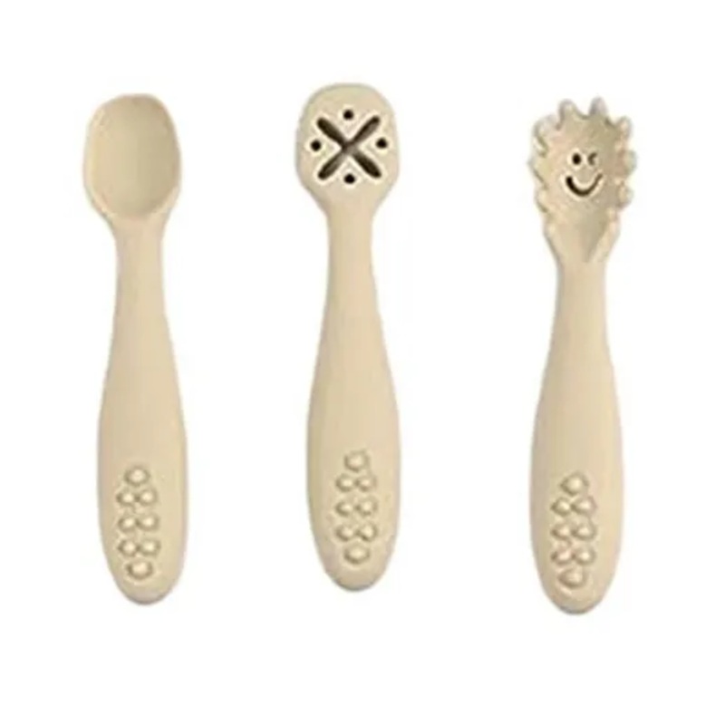 StarKiddo Baby Fork and Spoon Set, 3Pcs Silicone Spoon Baby Weaning Spoon Set Self Feeding (Beige)