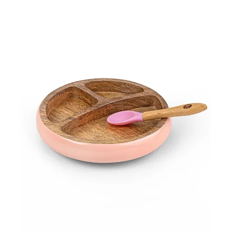Taabartoli Wooden Round Plate with Silicone Suction and Spoon – Pink