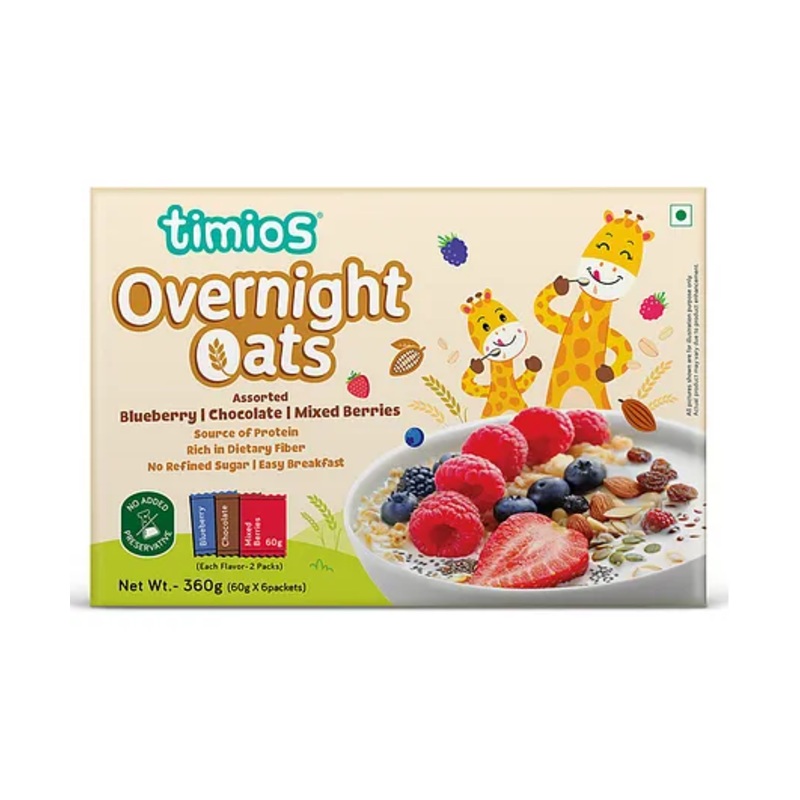 timios Overnight Oats High in Protein & Dietary Fiber with No Refined Sugar Blueberry Chocolate Mixed Berries Pack of 6 – 360 g