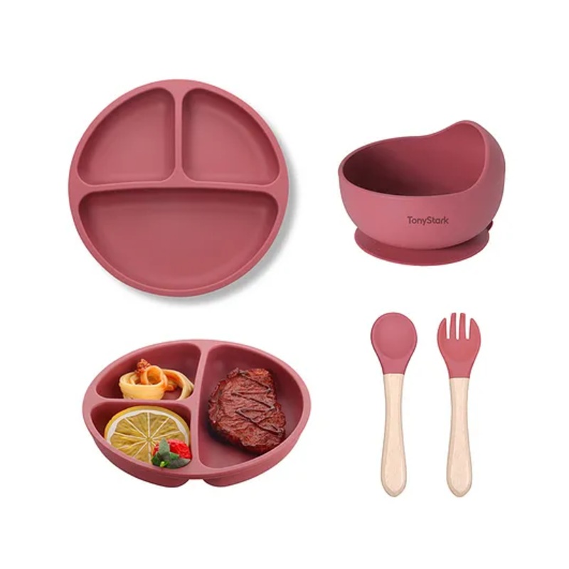 TONY STARK 4 Pcs Silicone Baby Feeding Set, BPA Free & Microwave Safe Dinner Tableware Kit – Feeding Bowl, Suction Plate, Spoon, Fork for Kids, Toddler (Dusty Pink)