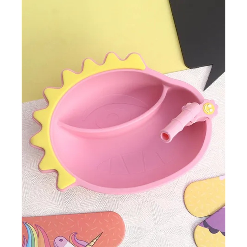 Two Compartment Bowl With Detachable Straw – Pink| BPA Free| Food Grade| Non-slip Suction Base| Encourages Self Feeding| Break Resistant| Mess Free Feeding| Gifting Option