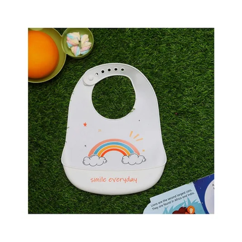Yellow Bee Silicone  Rainbow Print Bib with Crumb Catcher and Adjustable Closure for Girls – White