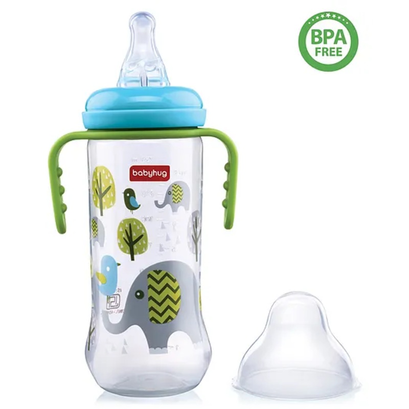 Babyhug Feeding Bottle with Handles, Blue & Green -250 ml | Anti-Colic, Sterilizable | BPA-Free | Newborns & Toddlers | Leak Resistant | Easy Grip