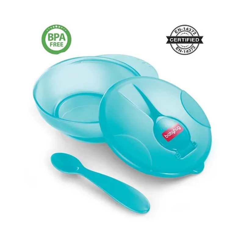 Babyhug Feeding Bowl with Soft Tip Spoon  220 ml – Turquoise Green | BPA Free | Travel-Friendly | Easy-Grip | No Phthalates | Food Grade