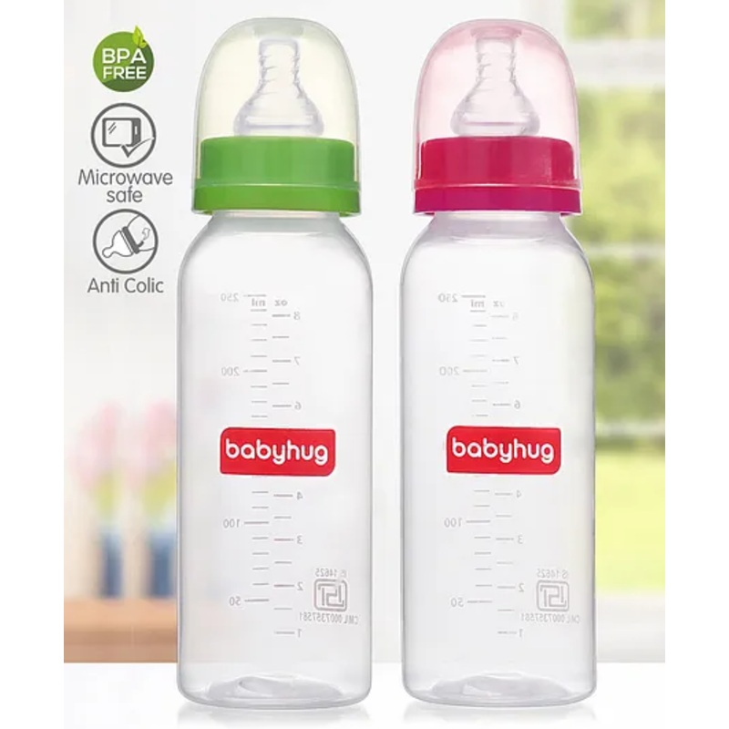 Babyhug Narrow Neck Feeding Bottle Pack of 2 Pink Green 250 ml Each (Nipple Design May Vary)